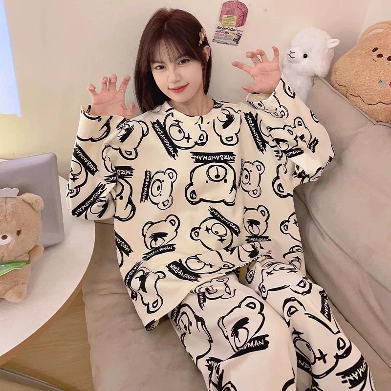 18 Farben Neuer Winterpyjama, Damen, Koreanische Version, Langärmlig, Homewear-Anzug, Locker, Große Größe, Zweiteiliger Anzug, Kann Draußen Getragen Werden 3XL black