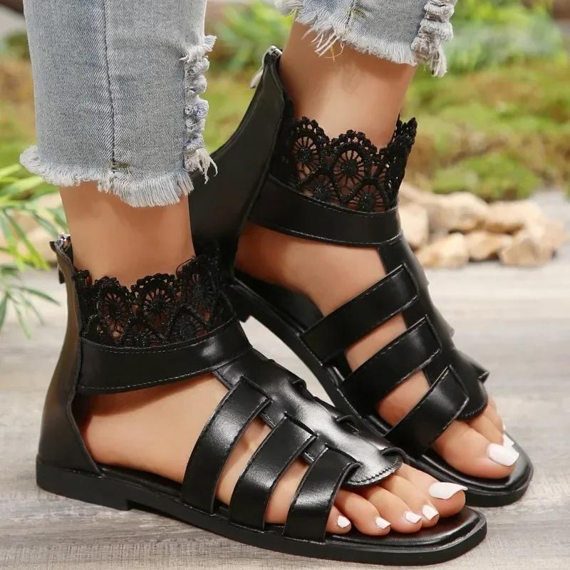 Mode Damen Sandalen Flache Unterseite Reißverschluss Römische Schuhe 2024 Sommerkleid Damen Square Toe Mode Atmungsaktive Outdoor Damen Sandalen 36 schwarz
