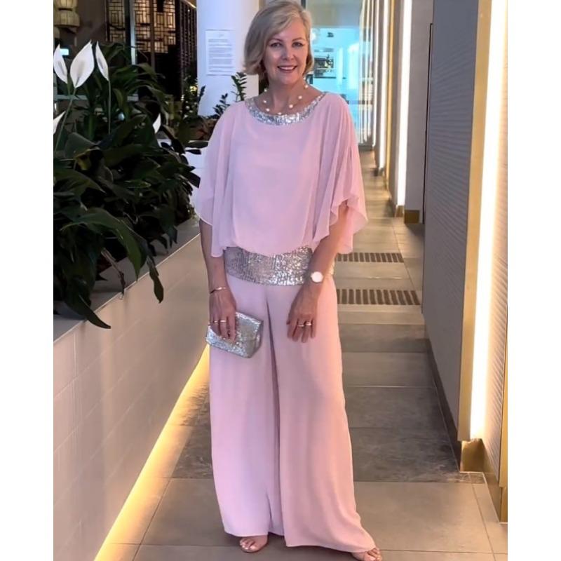 YYFS Damenmode Casual Frühling Herbst Einfarbig Druck 1/2 Ärmel O Hals Hosen Anzüge S rosa
