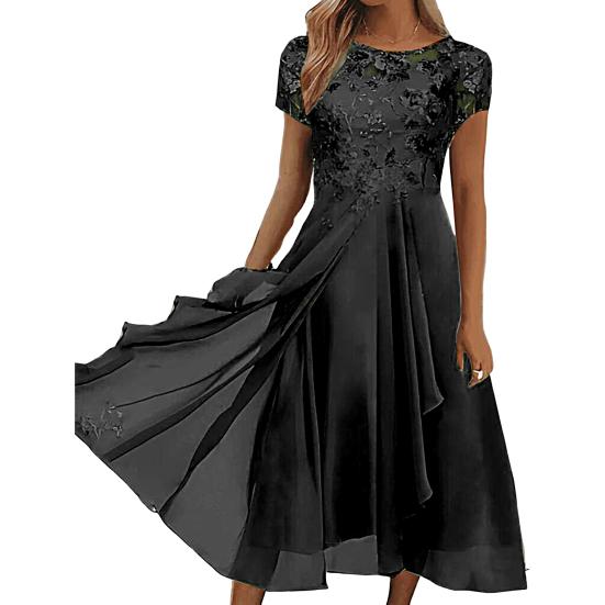 O-Ausschnitt Halb Elegent Beauty Lady Kleid Flowy Saum Brautjungfer Chiffon Patchwork Kleid Elegante Häkelspitze Ärmel Unregelmäßiges Gast Midi Kleid 5XL schwarz