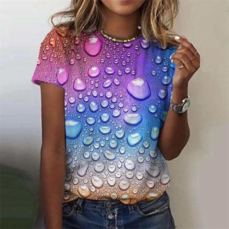 T-Shirt mit farbenfrohem Tropfenmuster für Damen, Farbverlauf, 3D-Druck, kurze Ärmel, Sommer-T-Shirts, übergroße T-Shirts mit Rundhalsausschnitt S