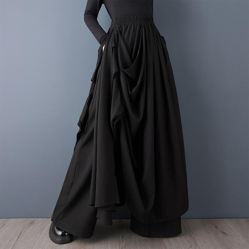 Schwarz Übergröße Vintage Hohe Taille Lässig Locker Frühling Herbst Weitbein Rock Hose Damen Hose