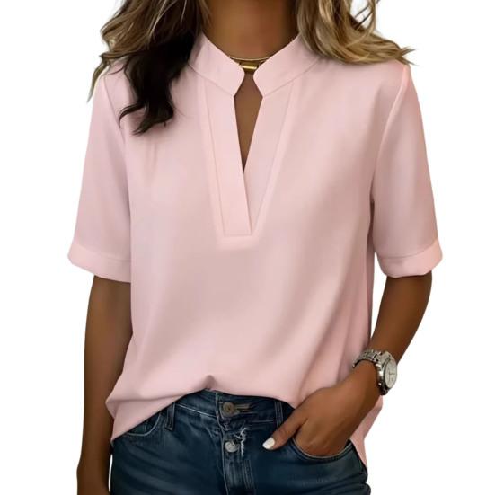 Damen Hemd V-Ausschnitt Offener Kragen Kurzarm Lockerer Schnitt Lässige Oberteile Einfarbige Vielseitiger Stil Hemd Sommer Arbeit Freizeitkleidung XXL rosa