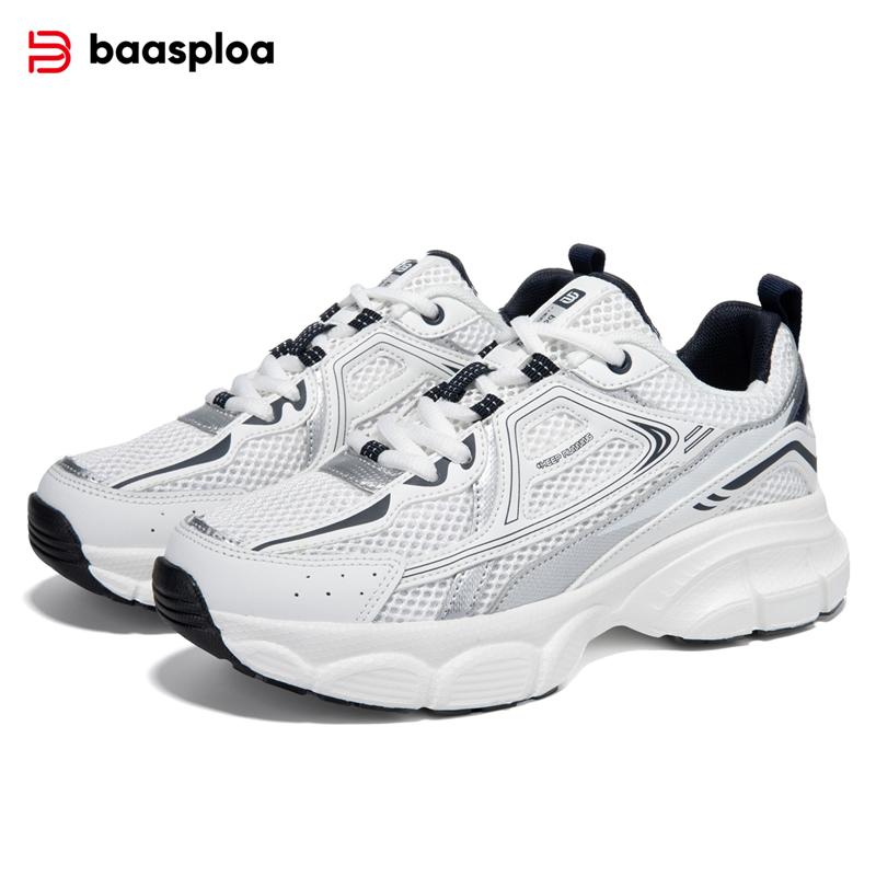 Baasploa Damen Laufschuhe Mesh + Leder Atmungsaktiv Damen Outdoor Fitness Tennisschuhe Damen Komfort Hochwertige Laufschuhe 37 weiß