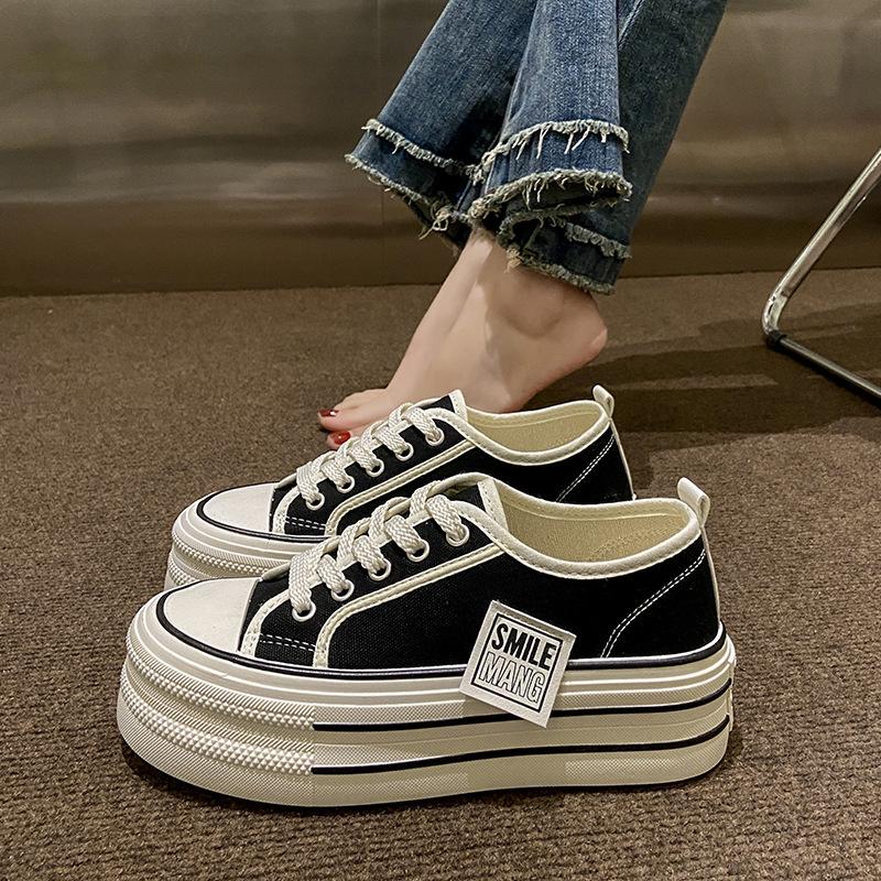 Plattform Canvas Schuhe Damen Sommer Neue Zwei Tragen Einzelne Schuhe Ein Pedal Lazy Damen Schuhe Erhöhung Vielseitige Board Schuhe 40 schwarz