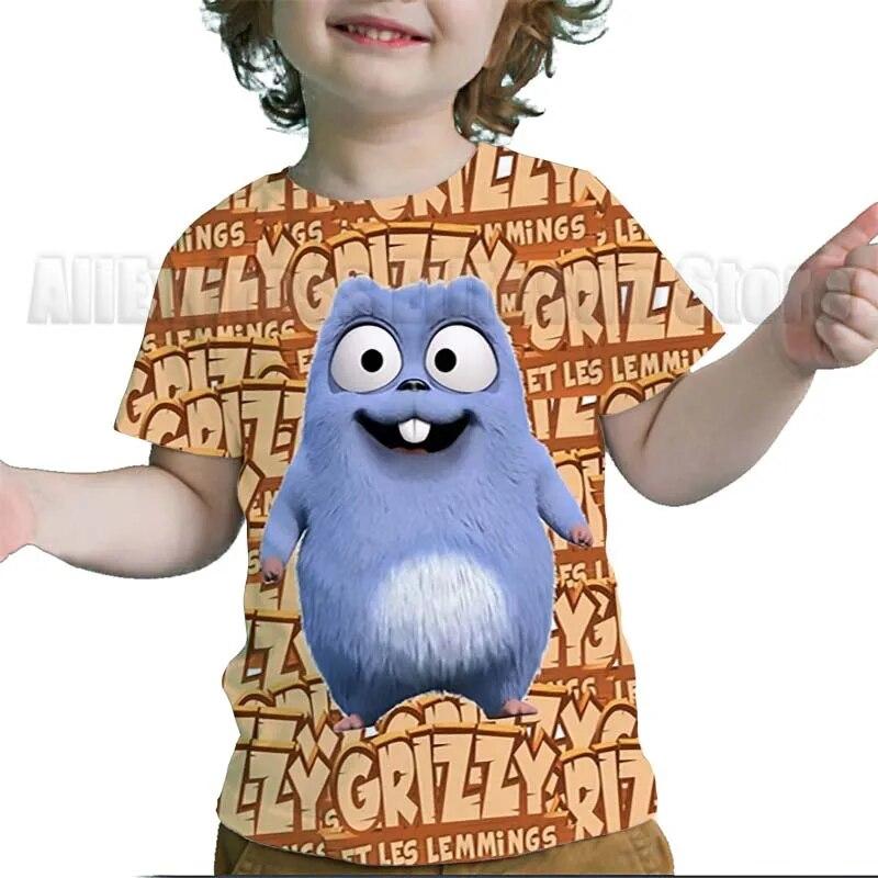 Kinder Grizzy und die Lemminge 3D-Druck T-Shirts Kinder Cartoon T-Shirts Kleinkind Jungen Mädchen Anime T-Shirts Streetwear T-Shirts 120 beige