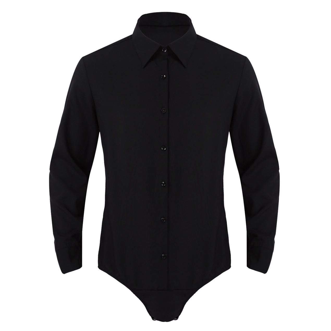 Lässiges Hemd mit langen Ärmeln für Herren, lässiges Bodysuit-Hemd, Tops, Umlegekragen, Strampler-Outfit M schwarz