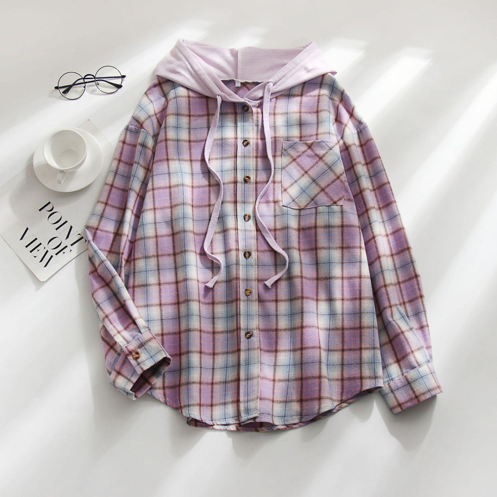 Neue Frühjahr Frauen Baumwolle Mischung Hemd Mode Plaid Mit Kapuze Hemd Langarm Frauen mit Einreihige Tasten Blusen Britischen Stil S violett