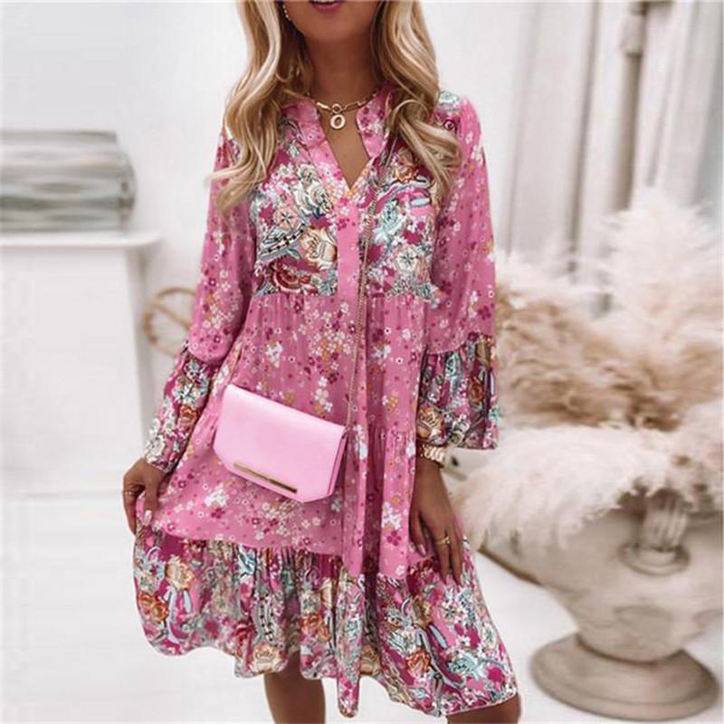2022 frauen Mode Kleid Bohemian Floral Bedruckte V-ausschnitt Mini Kleider Beiläufige Lose Elegante Flare Hülse Dame Strand Urlaub Kleid XXXXL rosa
