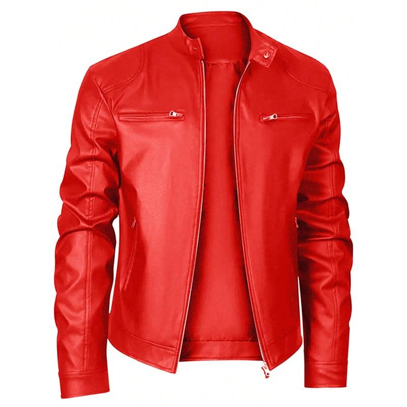 Herren Lederjacke Jugend Stehkragen Punk Motorrad Lederjacke Stilvoll Langlebig Bequem Modische Oberbekleidung L rot