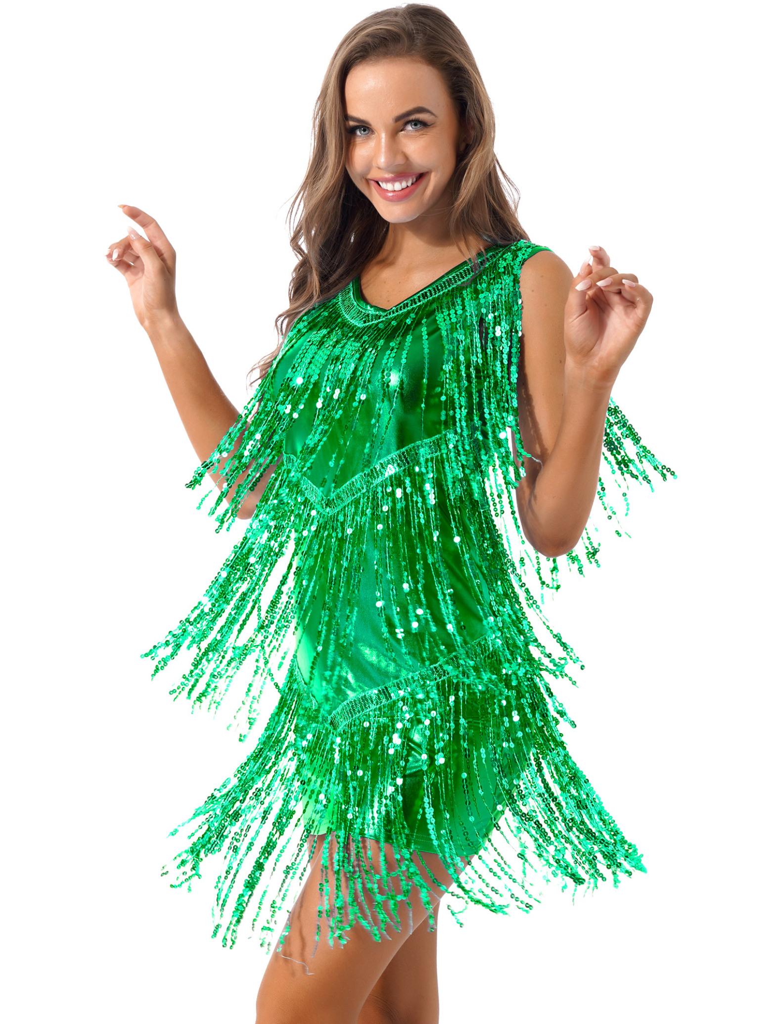 Damen-Kostüm, Tanzkostüm, Cocktail-Abendkleid, Damenbekleidung, Sommerkleider, Fransenkleider L grün