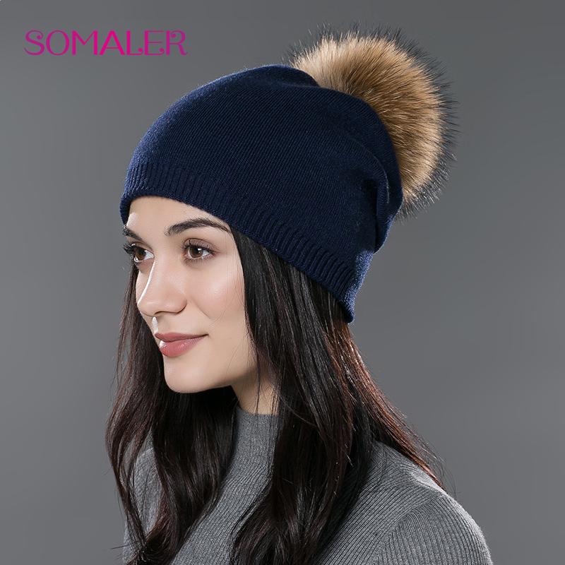 SOMALER Winter-Frauen-Echtfell-Pom-Pom-Mützen, Wolle, gestrickt, dick, warm gefüttert, Mützen, Damenmode, Bommel, Skimützen, Strickmütze dunkelblau/natur