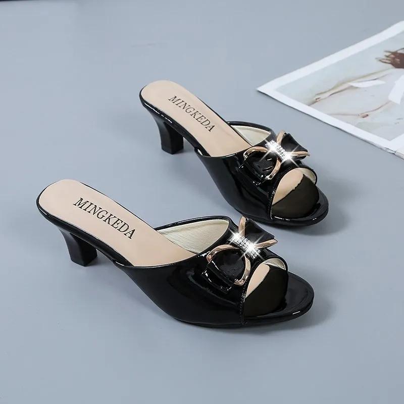 Hausschuhe Damen Einfarbig Sommer Mittelhoher Absatz Schuhe Schleife Süßigkeiten Schuhe Einwort Sandalen und Hausschuhe Damen All-Match Hochhackige Sandalen 40 schwarz