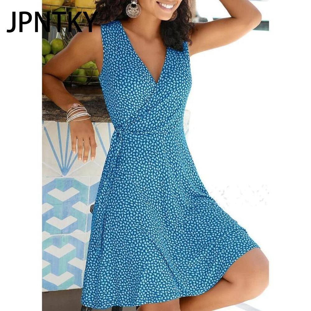 JPNTKY Polka Dot Print Kleid Damen Ärmellos Bandage Strandkleid Sommer Bohemian Kleider Für Damen Lässig V-Ausschnitt Kleider Damen robe XXL blau