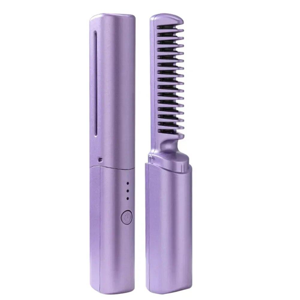 2-in-1-Haarglätter mit heißem Kamm, tragbarer Mini-Haarglätter mit USB-Aufladung, schnelles Aufheizen, Haar-Styling-Tools violett
