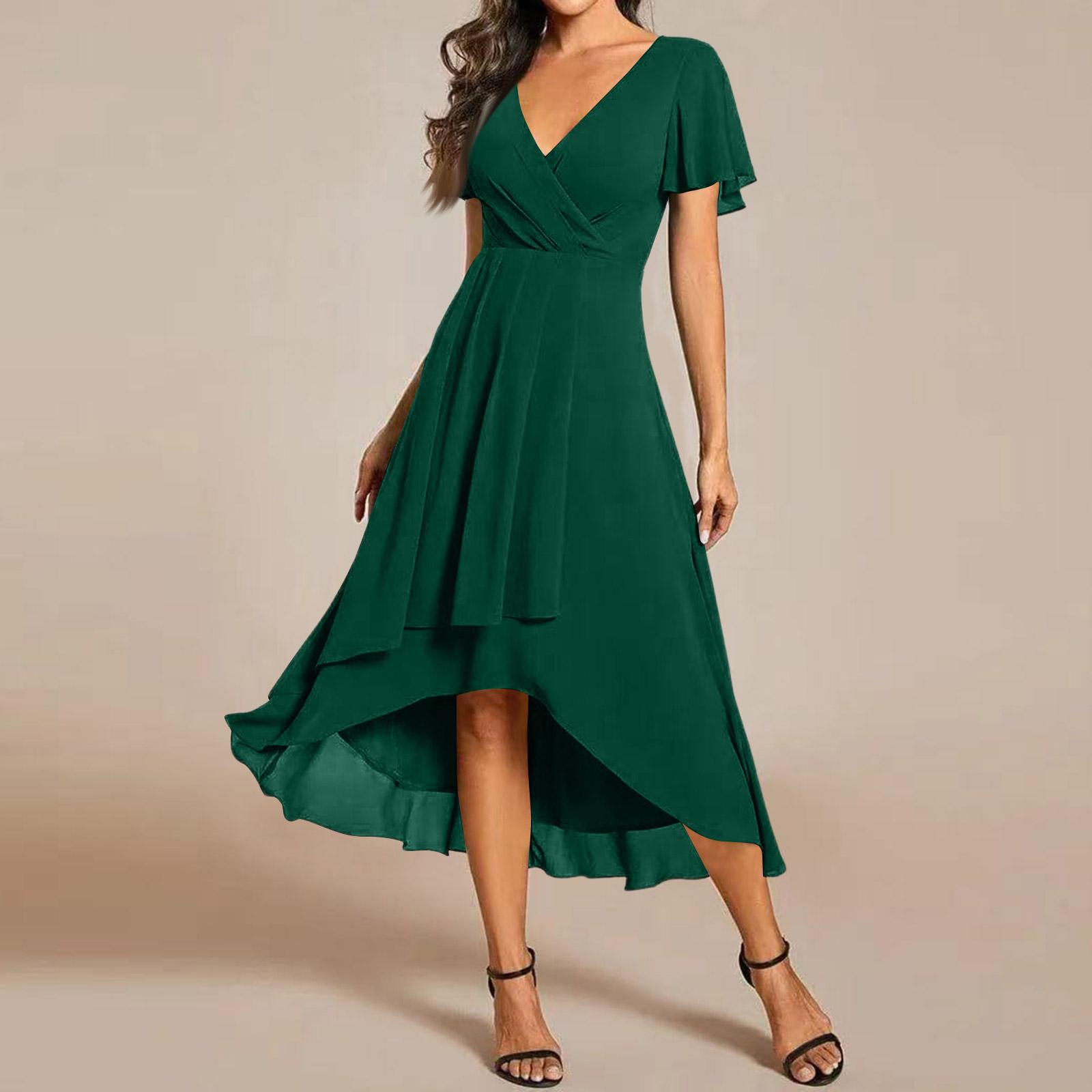 Damen Sommerkleid Schlankes Kleid Farbe Chiffon V-Ausschnitt Kurzärmeliges Kleid M grün