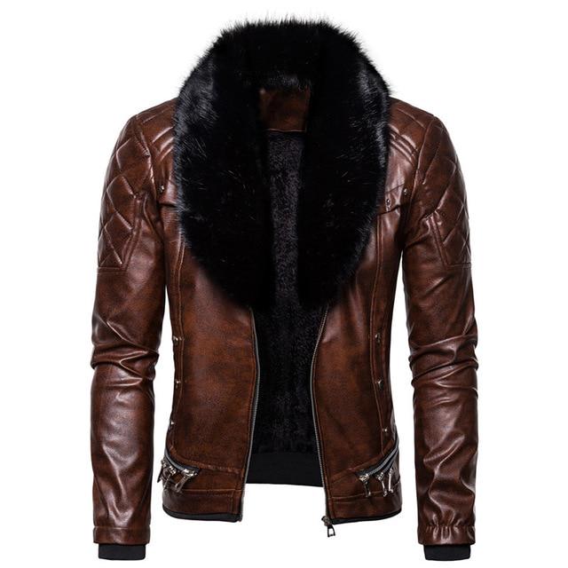 Punk-Stil Herren Wintermode Abnehmbarer Pelzkragen Reverskragen Coole verdickte Lederjacke Lederkostüm S kaffeebraun