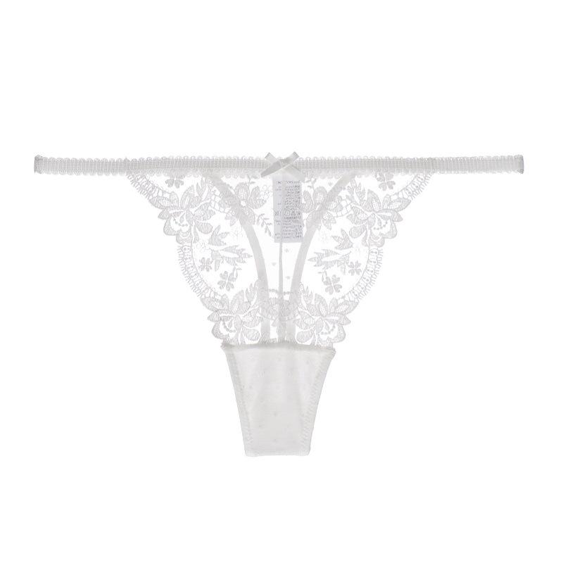 Französischer Spitzen-Blumen-Tanga für Damen, Dessous, sexy Netz-Höschen, nahtlos, atmungsaktiv, T-Rücken, weibliche Dessous, Höschen mit niedriger Taille M weiß
