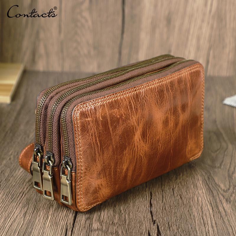 CONTACT'S Echtes Leder Clutch Geldbörsen für Männer Umhängetasche Handytasche Kartenhalter Multi Zipper Design Handtasche kamel braun