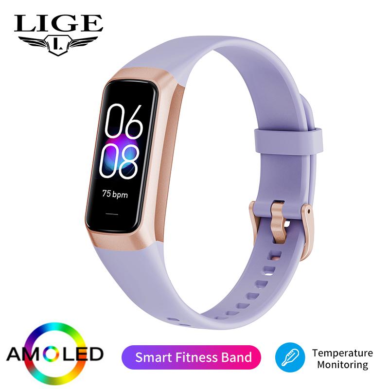 Lige Neue Smart Armband Sport Fitness Tracker Smartwatch AMOLED Bildschirm Wasserdicht Körper Temperatur Smart Armband Für Frauen Männer silicone strap violett