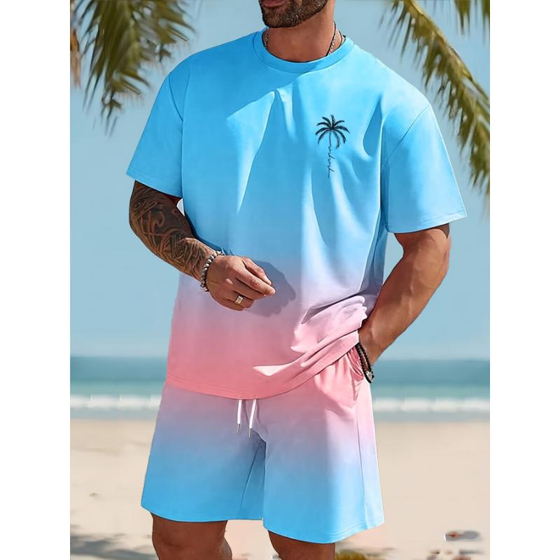Herren T-Shirt im hawaiianischen Stil Strandhosen Anzug Täglich Lässig Stilvoll Herren Kurzarm Oberteil Outdoor Urlaub Herren Sportshorts L
