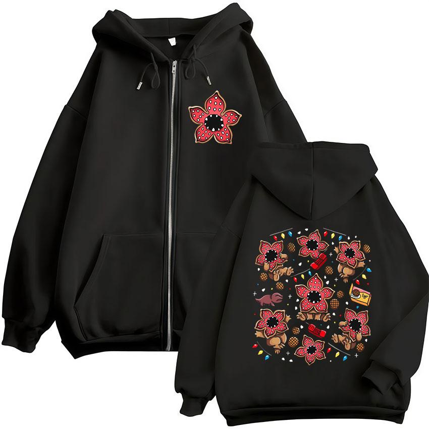 Eddie Munson Der Demogorgon Niedliche Kannibalenblume Reißverschluss Hoodies Herren Damen Kleidung Mode Kapuzenpullover mit Reißverschluss Jacken 2XL schwarz