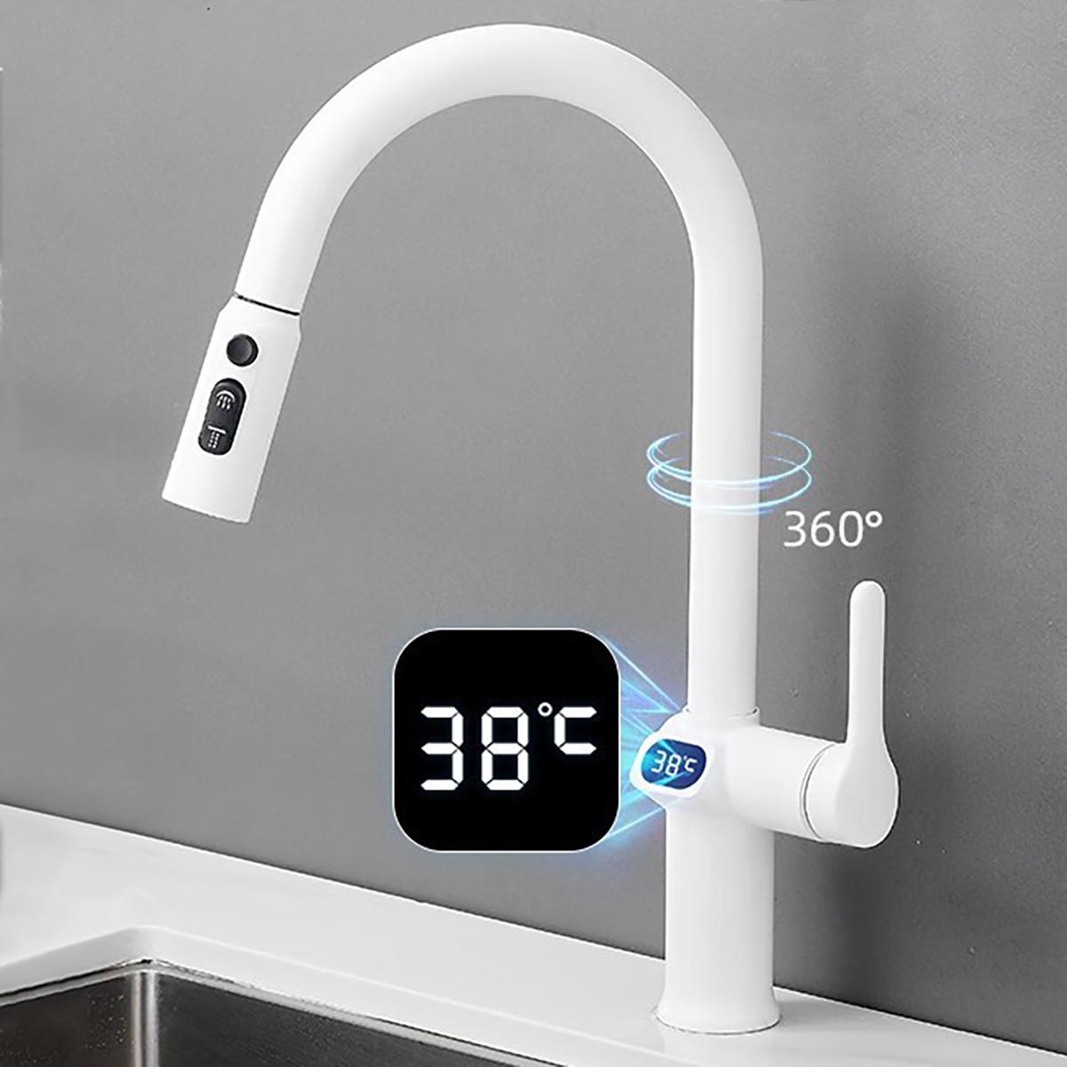 Küchenarmatur Temperatur Wasserhahn Küche Herausziehbare Küchenspüle Wasserhahn Digitalanzeigefunktion Drehbare Küchenarmaturen weiß