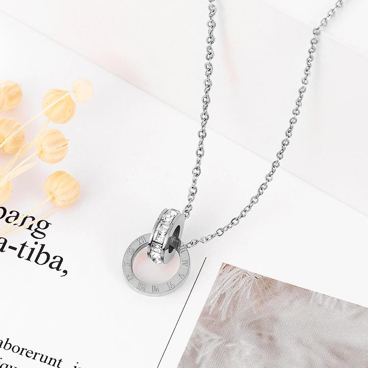 Koreanische römische digitale Doppelring-Halskette, neuer leichter Luxus und kleiner Ständer, Titanstahl, lichtechte Halskette, einfarbige Anhänger-Halskette für Frauen 21cm-50cm silber