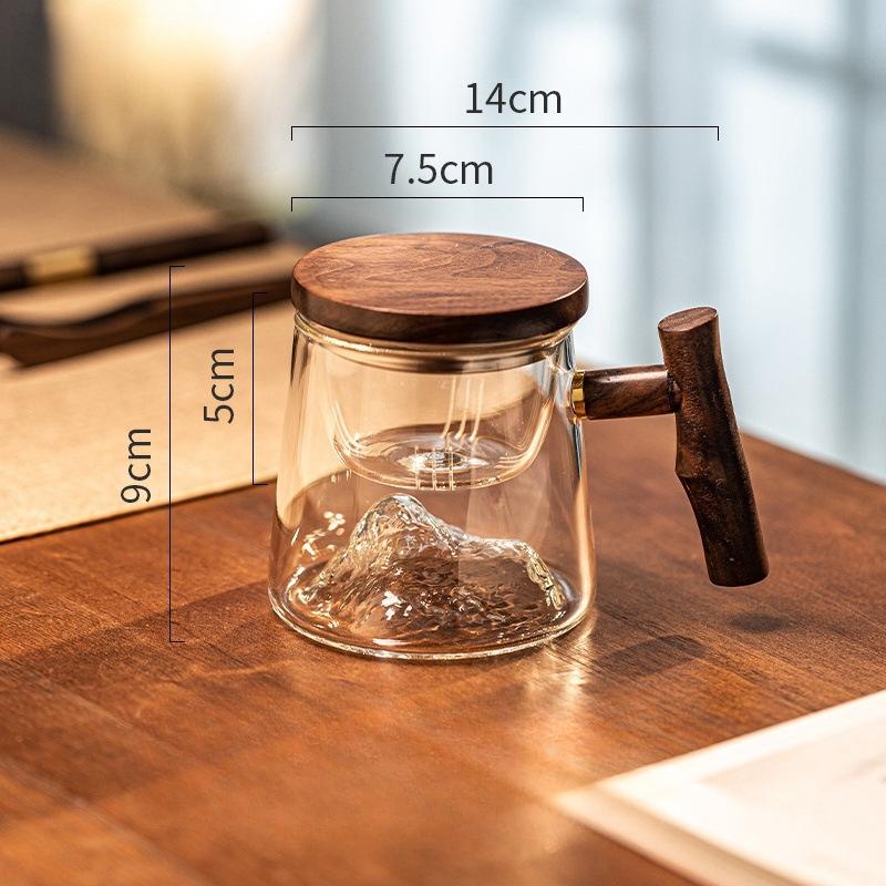 Büro Männer und Frauen Hochtemperaturbeständiges Glas Grüntee Tasse Holz Tee Wasser Trennung Glas Aufbrüh-Tee Tasse Bergblick Glas Tasse beige