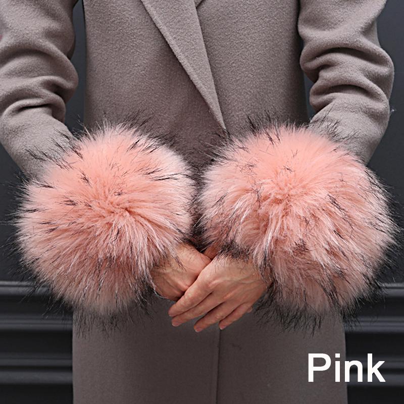 Damen-Armband, winddicht, elegant, Winter-Plüsch-Armband, Kunstfuchs-Pelz-Manschette, Oversleeve, warmes Armband für Arme rosa