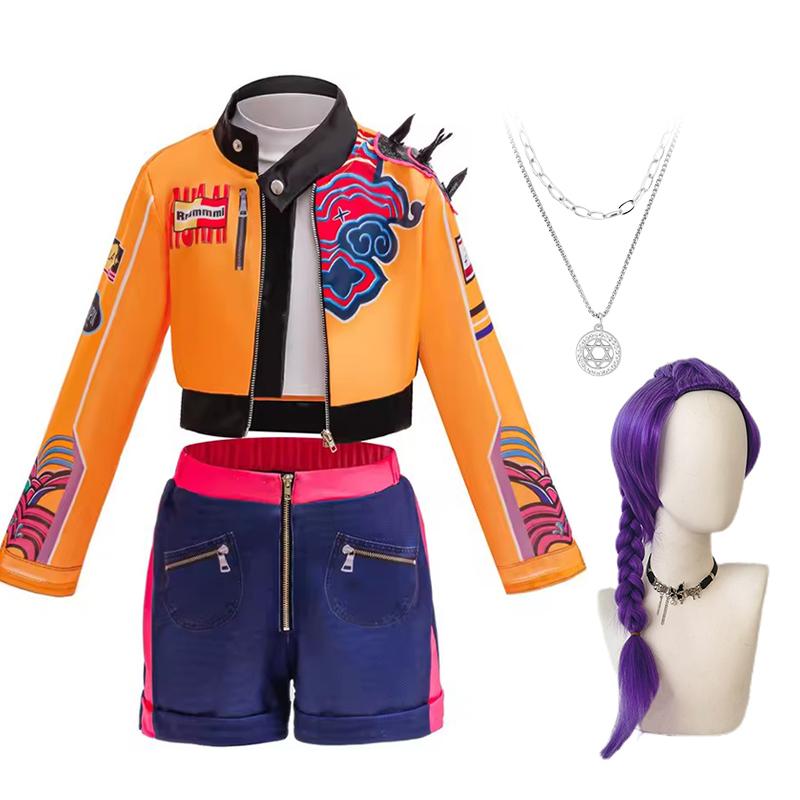 Mädchen Kpop Hunter Sänger Cosplay Kostüm Geburtstagsparty Bühnenauftritt Kostüm 4-teiliges Halloween Kostüm für Kinder 120 orange