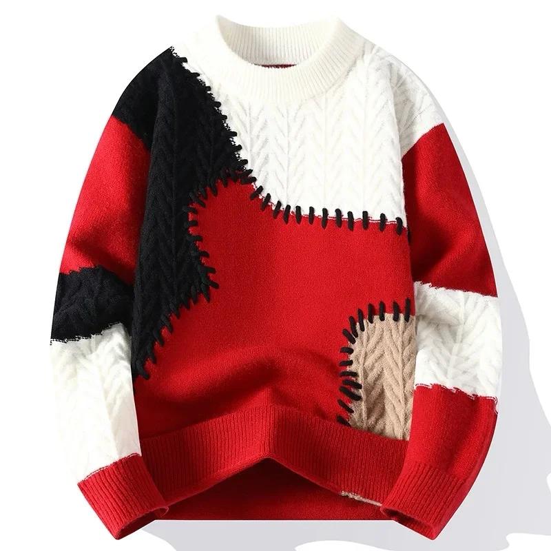 2024 herren Gestrickte Pullover Männer Mode Lässig Patchwork Pullover Herbst Winter Männer Dicke Warme Rundhals Gestrickte Männer Hohe-qualität Pullover M rot
