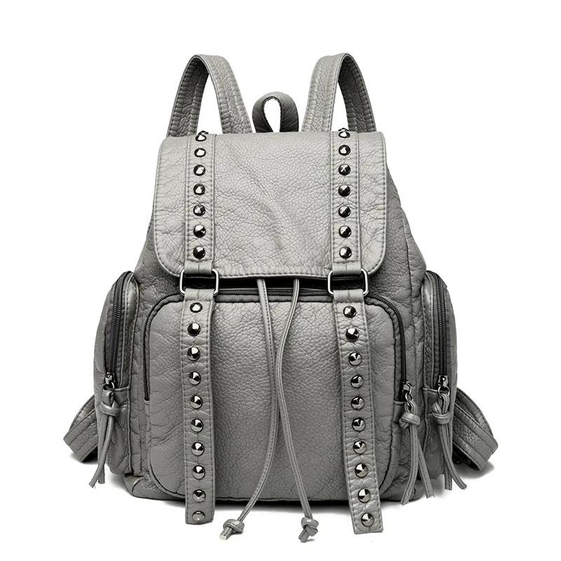 Modische Niet Rucksäcke für Damen Umhängetaschen Weiches Leder Tagesrucksack Reisetasche Große Kapazität Schultasche Damen Rucksack 26 × 10 × 33 cm graue