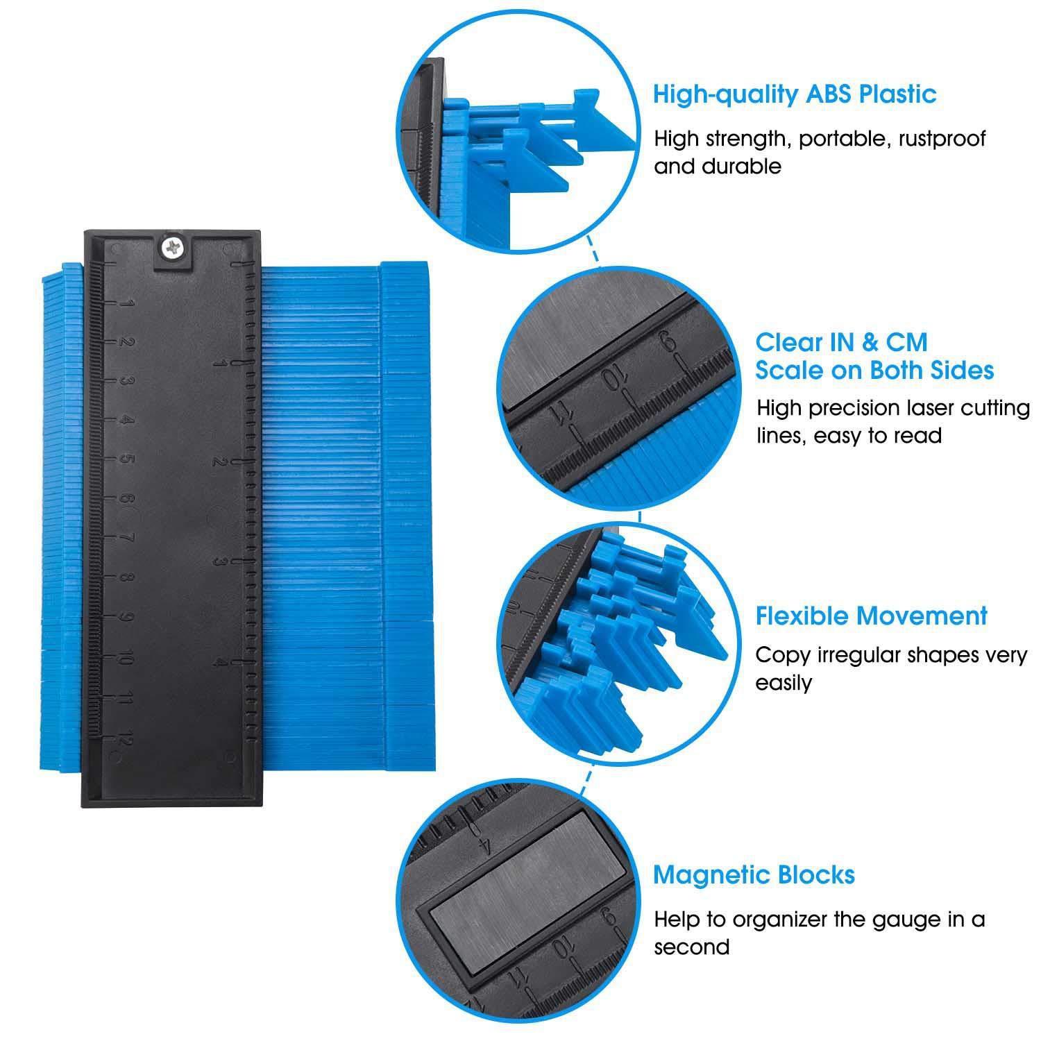 12/14/25 cm Unregelmäßige Konturen Gauge Arc Lineal Kunststoff Gauge Kontur Profil Skala Vorlage Krümmung Skala Fliesen Laminat 12CM blau