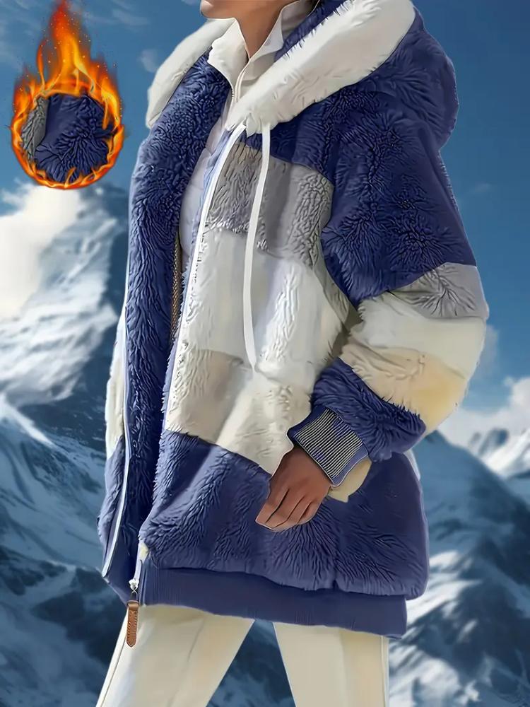 Damen Stilvoller Fleecegefütterter Wintermantel mit Kapuze und Reißverschlusstaschen - Warmer Plüsch, Lässige Herbst-/Winterjacke für Outdoor-Komfort, Damen Wintermäntel 5XL blau
