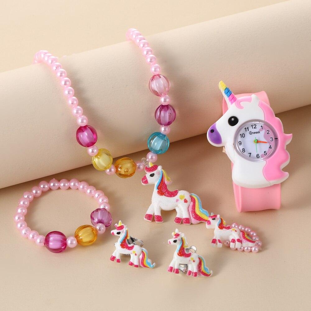 Kinder Regenbogen Pferd Muster Uhr Schmuckset Halskette Ohrringe Ring Armband Geschenke für Kinder und Mädchen rosa