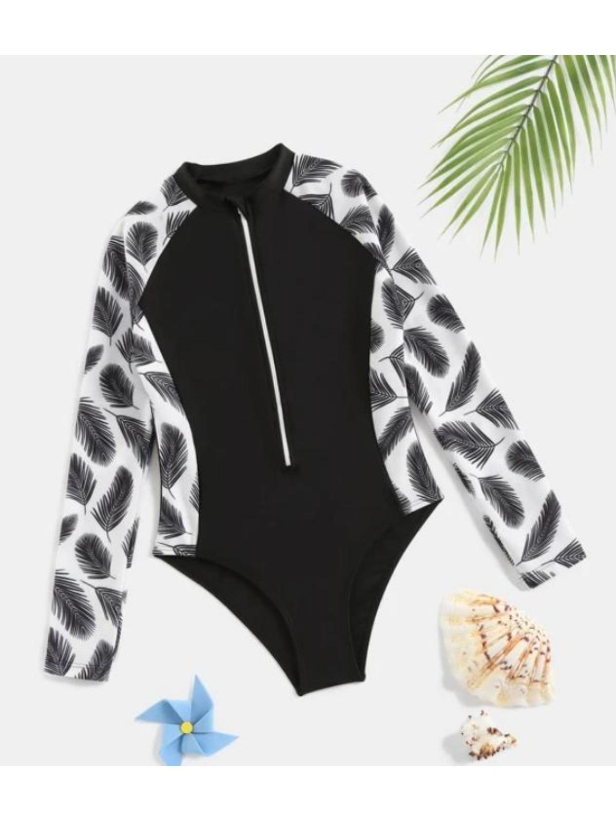 Kinder Mädchen Badeanzug Langarm Bedruckt Reißverschluss Bademode Badeanzug Rash Guard Bodysuit Strandkleidung 140 schwarz
