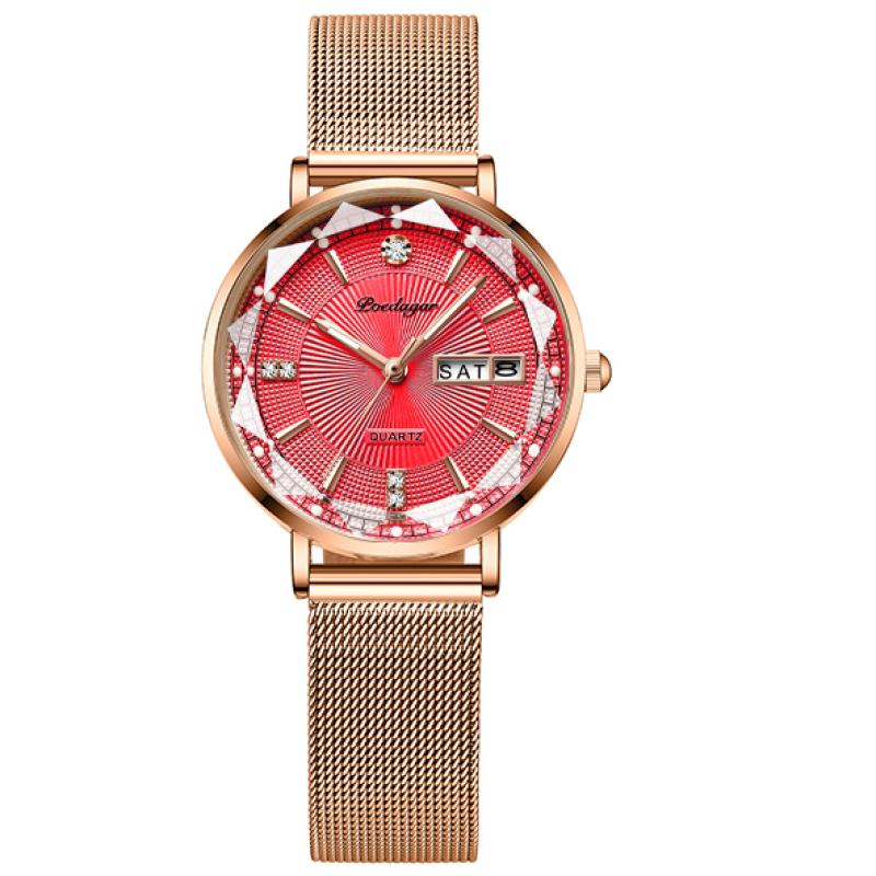 Frauen Uhr Rose Gold Mode Quarz Uhren Top Marke Luxus Damen Armbanduhr Wasserdicht Datum Woche Freundin Armband rot/rose gold
