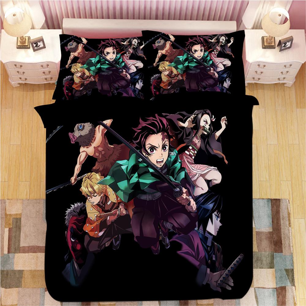 Demon Slayer Bettwäsche-Sets Cartoon Bettdecke Bettwäsche Jungen Kinder Einzel Doppelgröße Weiche Bettwäsche Heimdekor Anime Bettbezüge Au Queen 210x210cm
