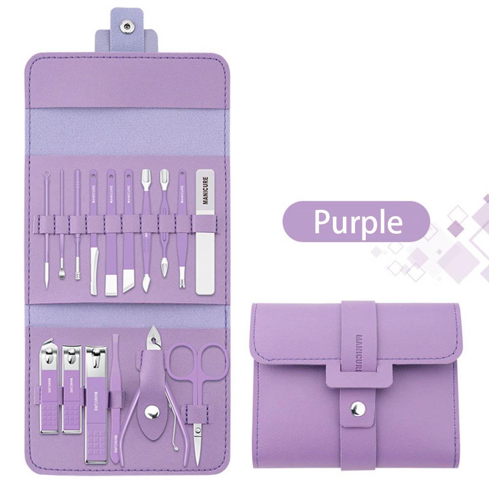 Neue 12-16 teile/satz Nagel Cutter Set Edelstahl Nagel Clippers Set Mit Falten Tasche Maniküre Cutter Kits Schere make-up Schönheit Werkzeug 16pcs violett