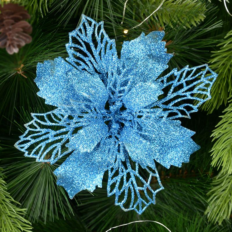 5 Stück 9-16cm Glitzer Künstliche Weihnachtsblumen Weihnachtsbaumschmuck für Zuhause Kunstblumen Weihnachtsornamente Neujahrsdeko 9cm blau