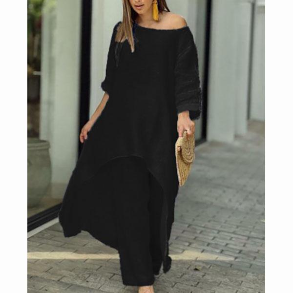 Sommer Damenmode Casual Baumwolle Leinen Anzug Unregelmäßige Langarm Weite Beinhose Zweiteiliger Anzug Plus Size XS