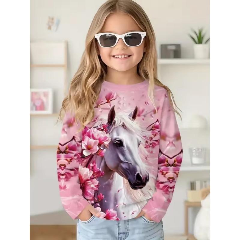 Mädchen Kleidung Mode Pferd 3D Druck Kinder Langarm T-Shirt Locker Lässig Herbst Oberteile Outdoor Bequeme Kinderbekleidung 170 beige