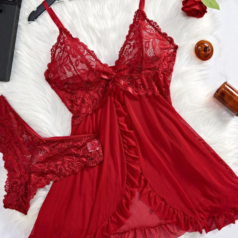 Transparent Rot Sexy Dessous Damenunterwäsche Durchsichtige Nachtwäsche Spitze Nachthemd und Slip Pyjama-Sets Weiblich Sexy Nachthemd 2XL wein rot