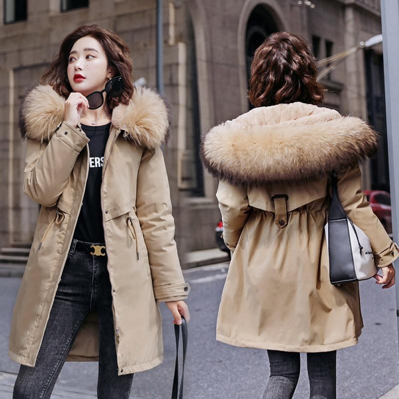Frauen Herbst Winter Jacke Mantel Parka Verdicken Baumwolle Liner Mittel Lange Mit Kapuze Pelz Kragen Verstellbare Taille Einfarbig M-6XL XXXL khaki