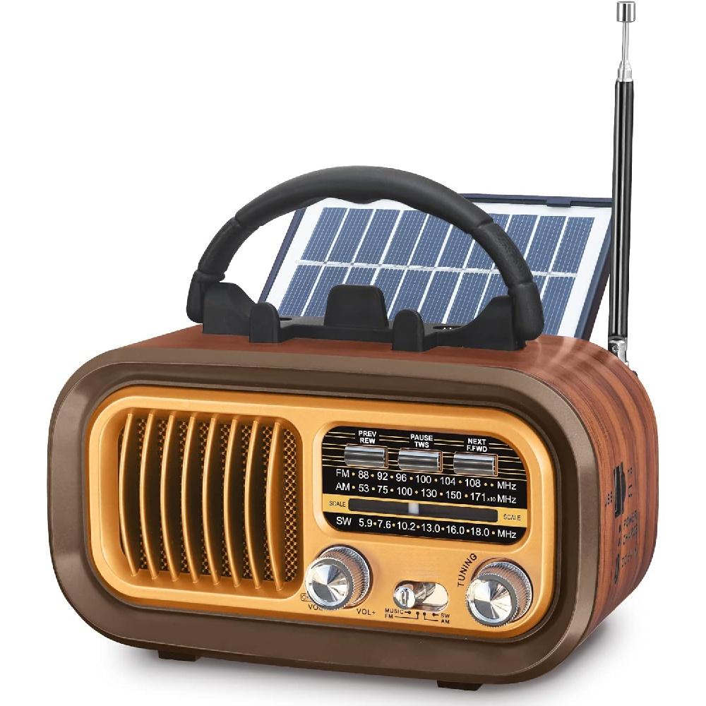 Kleines Retro-Vintage-Radio mit Bluetooth, tragbares Radio AM FM, solar-/batteriebetriebenes Radio/wiederaufladbares Radio, TWS, unterstützt TF-Karte/USB-Wiedergabe