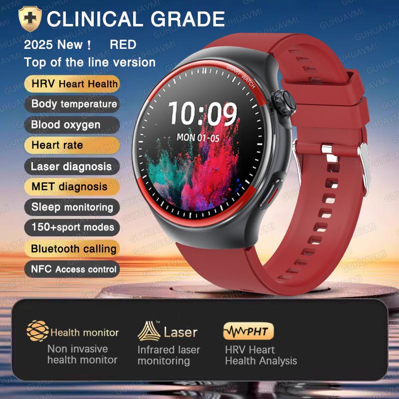 2025 Neue Krankenpflege Gesundheit Laser Heilung Blutdruck Smartwatch Herren Herzfrequenz Puls Schlaf Bluetooth Anruf Körpermonitor Smartwatch Red Silicone