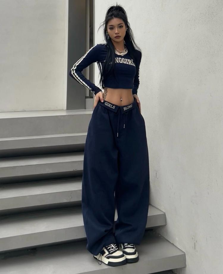 Frauen Jogginghose Übergroße Y2k American Vintage Hip Hop Stil Casual Breite Bein Sport Hosen Weibliche Koreanische Streetwear S blau