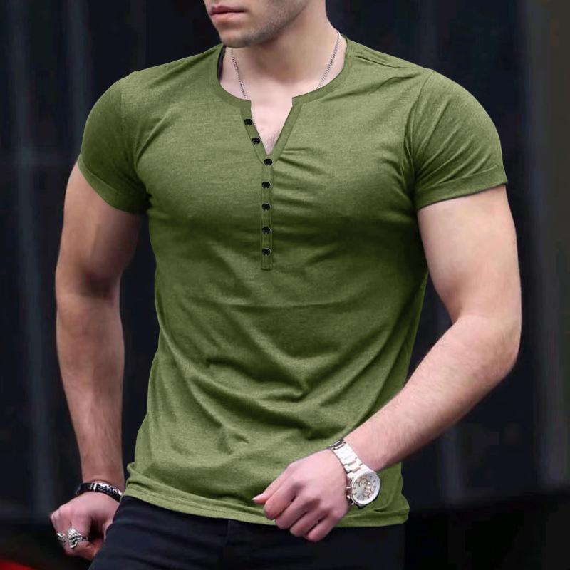 2023 Herrenmode Einfarbig Kurzarm T-Shirt Lässiges Sport-Knopf-T-Shirt Trendy Leggings L