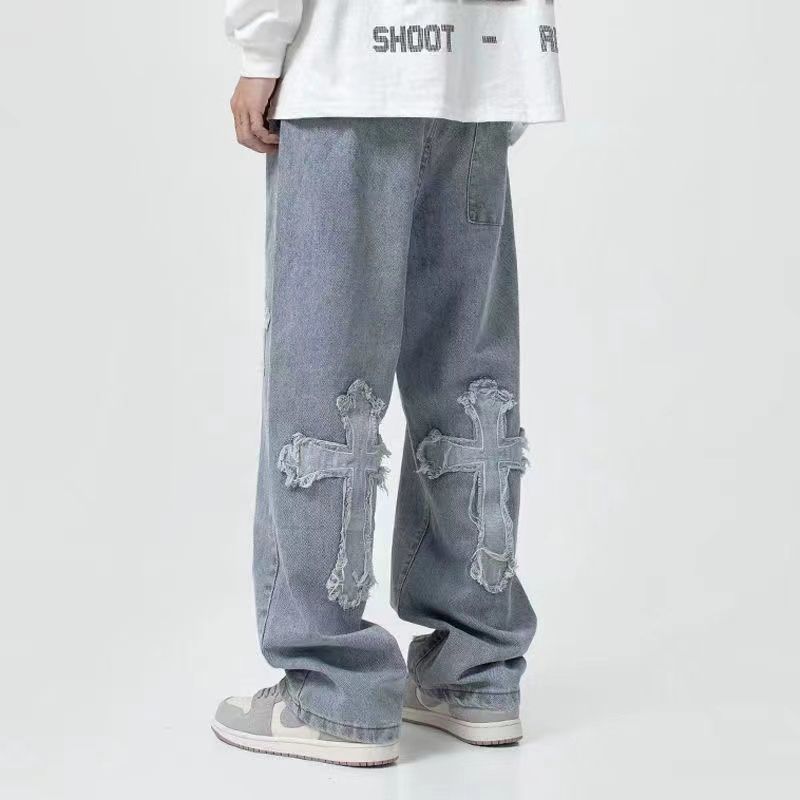 Retro Herren Y2K Kleidung Baggy Wide Leg Jeans Hip Hop Mode Kleidung Frauen Patch Übergroße Gerade Hosen Streetwear Teachwear Für Männer XL blau